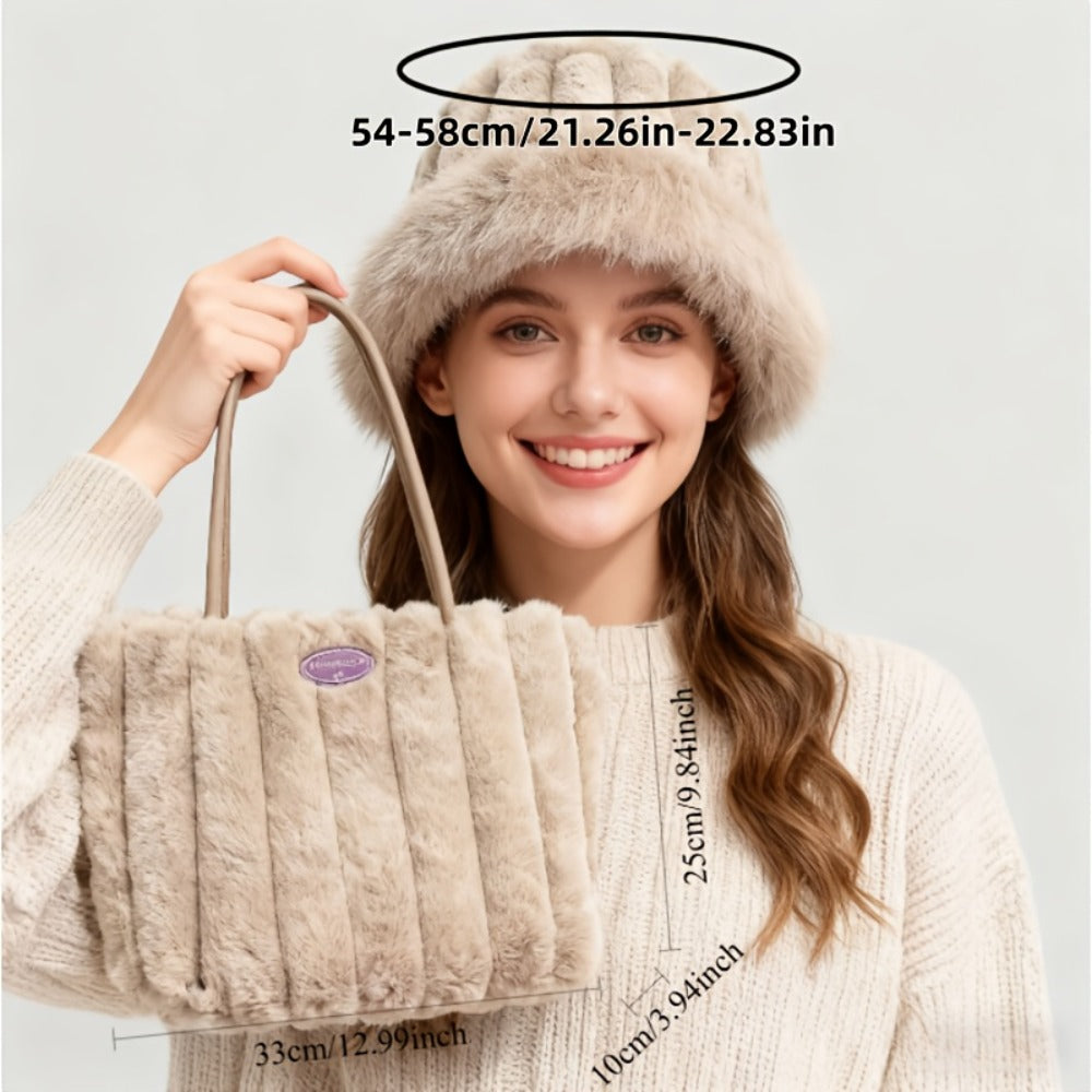 2pcs Women'S Fleece-Lined Shoulder Bag And Bucket Hat Set, Warm And Thickened, Versatile for Autumn And Winter Daily Wear