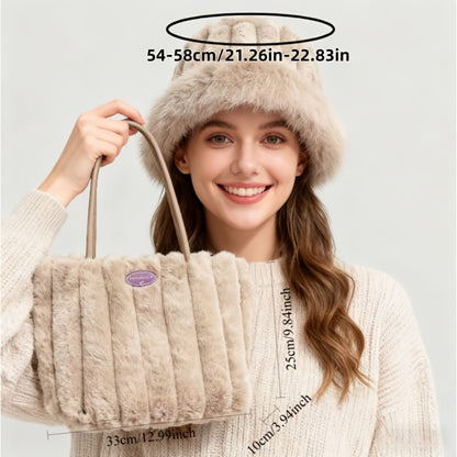 2pcs Women'S Fleece-Lined Shoulder Bag And Bucket Hat Set, Warm And Thickened, Versatile for Autumn And Winter Daily Wear