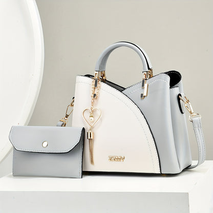 2pcs Set Fashion Colorblock Tote Bag with Shoulder Strap And Matching Clutch, Women'S Elegant Handbag And Crossbody Purse Combo