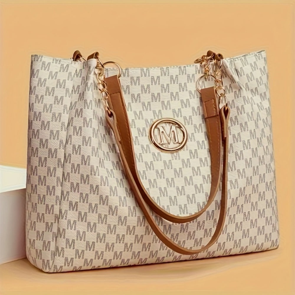 Stylish Handbag for Women Featuring a Golden Chain Shoulder Strap And an 'M' Emblem - Made of Synthetic, Available in Light Brown, White, And Black, with a Houndstooth Design, Zipper Closure, And Lining