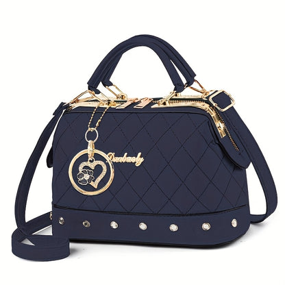 Black Quilted Boston Bag with Golden Hardware And Adjustable Shoulder Strap - Elegant Heart-shaped Rhinestone Ornament, Pattern Design And Stylish Rivet Details