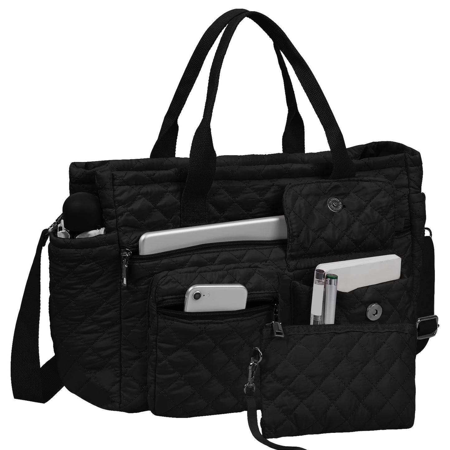 2pcs/Set Large Lightweight Quilted Nylon Tote Bag for Women, Laptop Work Bags Crossbody Shoulder Hobo Messenger Handbag Purse Travel Gym Totes