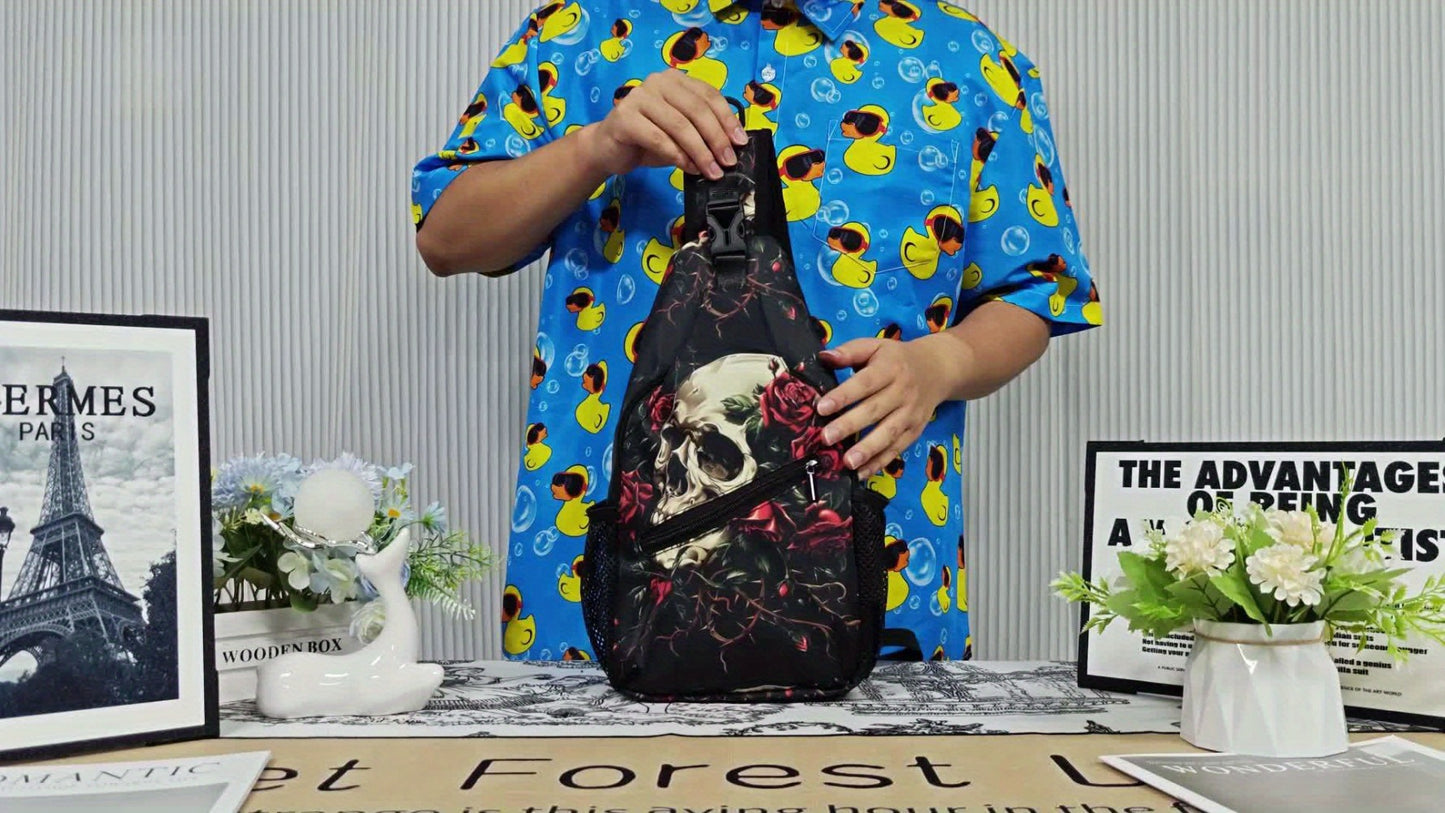 Crossbody Chest Hiking Backpack Skull And Red Roses Shoulder Folding Large Capacity Fashion Durable Can Be Used For Shopping, Work, Travel Beach Fishing Backpack Halloween Travel Backpack For School Back Christmas Gifts