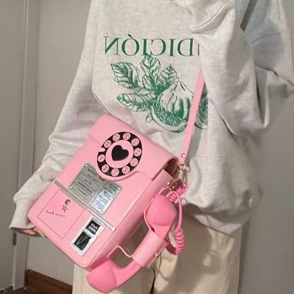 Creative And Stylish PU Glossy Chic Retro Telephone-Shaped Cross Body Bag For Women - Fashionable Simulated Body Bag, Irregular Bag, Shoulder Purse, Comb Bag, Available In Black, Red, Pink. A Perfect Birthday Gift For Your Best Friend Or Family