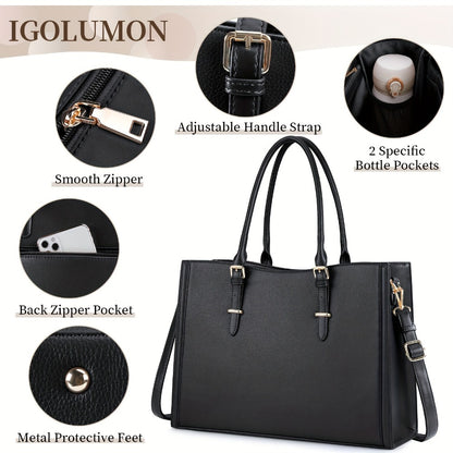 IGOLUMON Laptop Bag For Women 15.6 Inch Laptop Tote Bag Waterproof Work Bag Computer Briefcase School Bag Office Professional Large Capacity Handbag Shoulder Bag Black