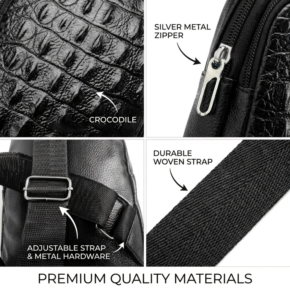 Men' PU Crocodile Texture Crossbody Bag with Adjustable Strap & Earphone Hole - Large Capacity Multi-Compartment Waist/Waist Bag Suitable for Daily Commute, Travel, Business, Retro Style, Sturdy Durable for Phone, Tablet, Earphones