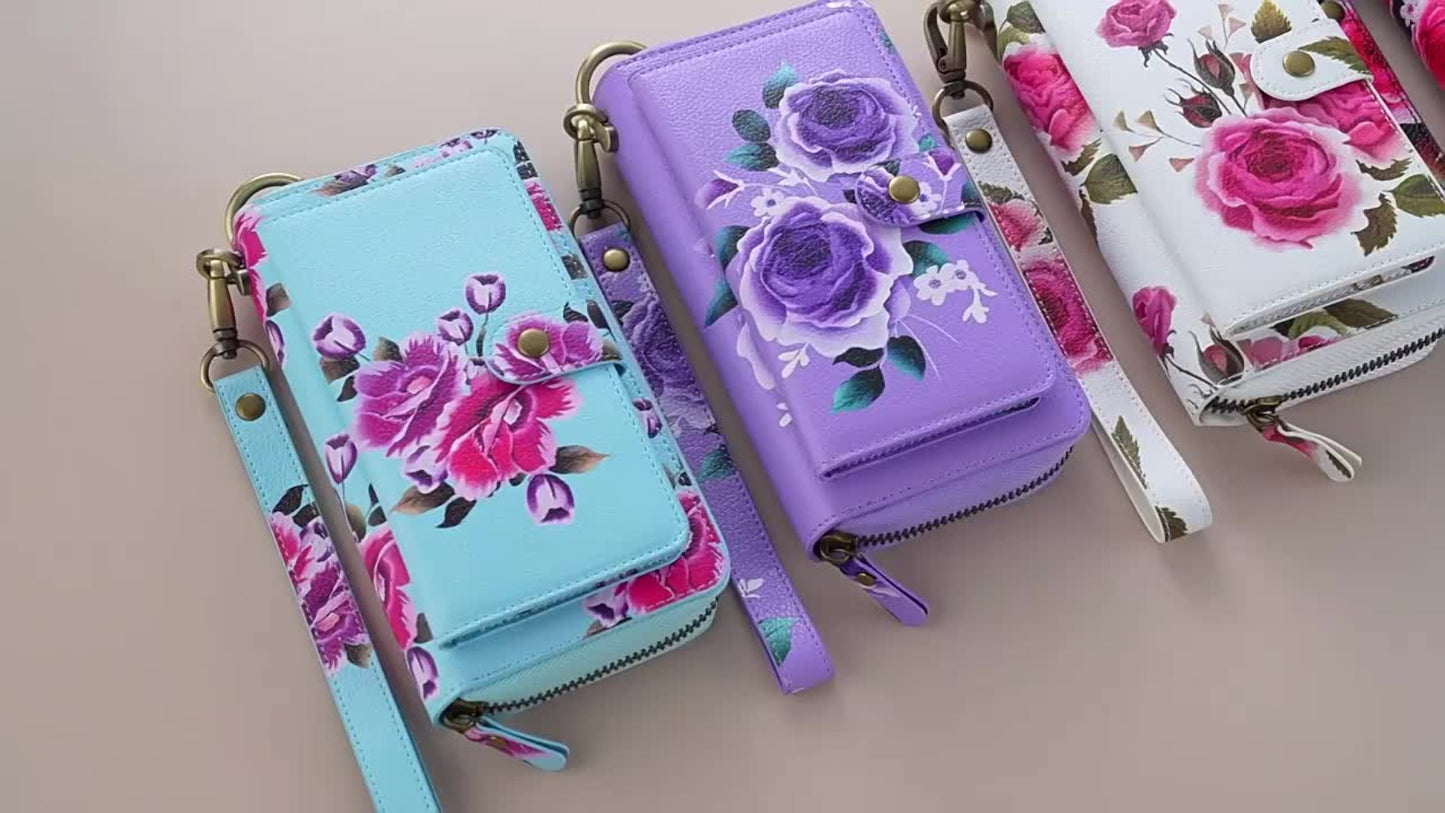 1 Random Floral Pattern Wallet (Purple Floral Design with Random Placement), Featuring Elegant Wristlet Design, Large Capacity Long Zipper Clutch, Multi-Card Slots Coin Purse, Women'S Multi-Functional Travel Wallet
