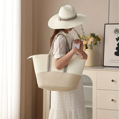 2026 Summer Travel Set: 2pcs Wide Brim Straw Hat And Large Capacity Beach Bag with Zipper Closure, Perfect for Summer Outdoor Adventures, Camping, And Beach Vacation, Game Day Essentials for All Football Fans