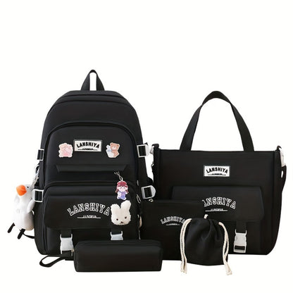 5pcs Solid Color Backpack Set in Material, Large Capacity Double-Shoulder Bag, Easy Tote, Pencil Bag, Casual Crossbody, Lightweight Student Backpack Set with Ducky Charm, 3 Badges, And Rabbit Charm, Position Print, Cute Style, for School Use