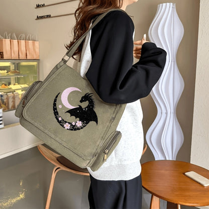 Large-capacity Flip-top Retro Tote Messenger Bag | Black Dragon Surrounded by Pink Moon with Cherry Blossom Pattern, Suitable for Daily Travel and Dating, Ideal Gift Choice, Material