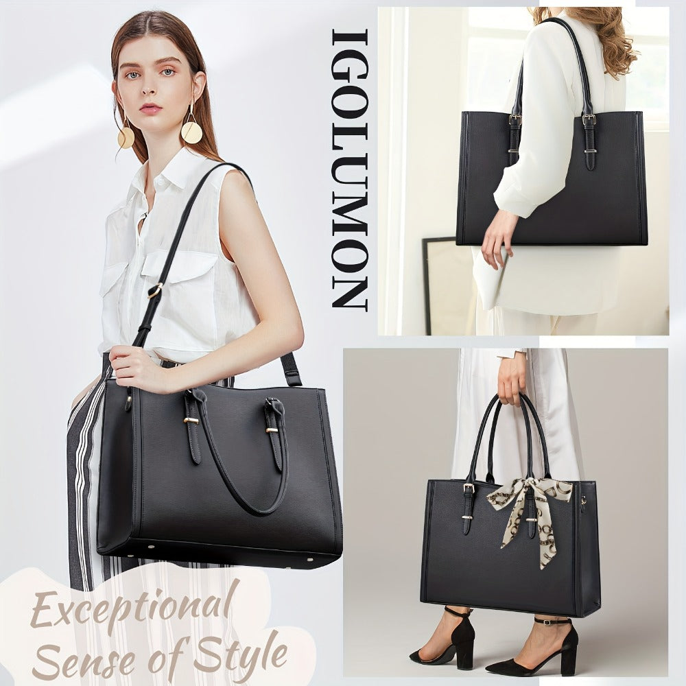 IGOLUMON Laptop Bag For Women 15.6 Inch Laptop Tote Bag Waterproof Work Bag Computer Briefcase School Bag Office Professional Large Capacity Handbag Shoulder Bag Black