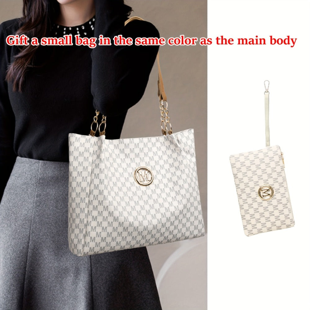 Two-Piece Set Large Capacity Shoulder Bag, Suitable for Elegant Urban Women, Lotus Pattern M Print, Fashionable M-Shaped Hardware Buckle Design, Lightweight Fixed Shoulder Strap, Suitable for Multiple Occasions - Perfect Gift