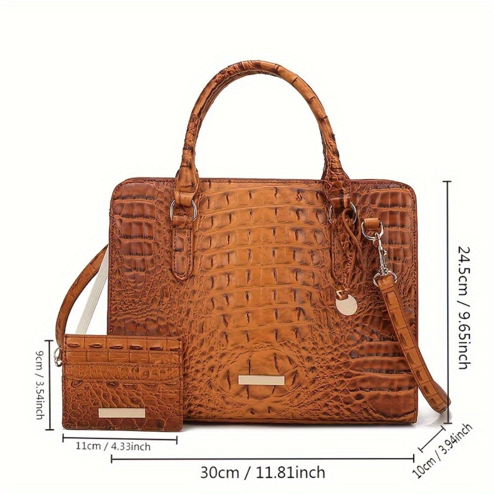 Set of 2pcs Featuring a Crocodile Pattern in Faux Leather, with a Roomy Interior, a Trendy Shoulder Strap, And a Fashionable Clutch Purse. This Stylish Accessory Is Perfect for Work, Everyday Use, And Special Events - Made with Premium Quality