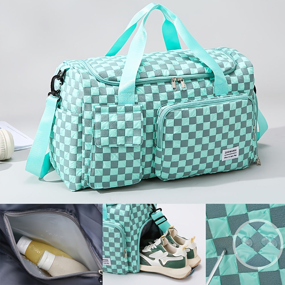 2pcs Checkered Travel Duffel Bag with Makeup Bag for Women Fordable Gym Bag Carry On Weekender Bag with Shoe Compartment
