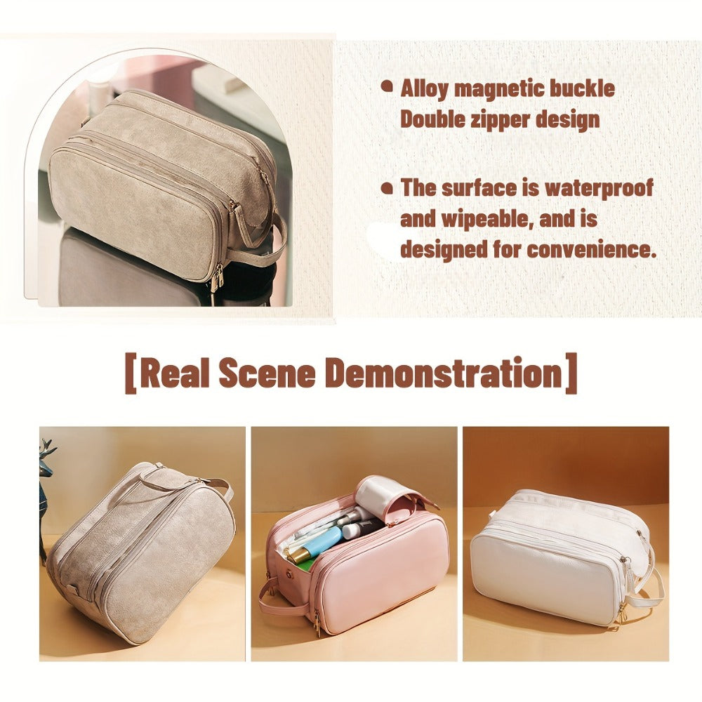 [Large Cosmetic Bag] Card Holder + Makeup Bag Women's Large Capacity High Quality Cosmetic Bag - Tri-Fold Travel Makeup Multiple Zippered Pockets & Wrist Strap for Brushes, Toiletries, Storage, Toiletry Bag | Large Cosmetic Bag