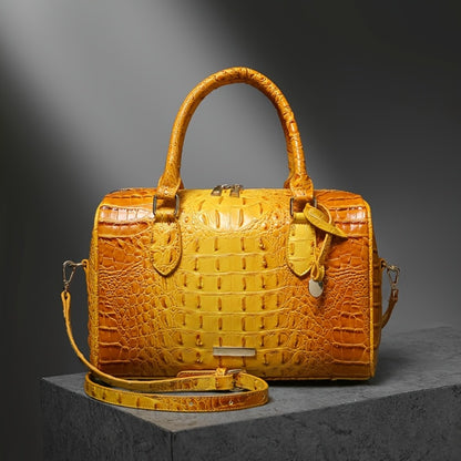 Gradient Crocodile Embossed Boston Bag for Women, Vintage Glossy Synthetic Leather Barrel Handbag with Detachable Crossbody Strap, Luxury Top Handle Shoulder Purse, Large Capacity Daily Commute Handbags