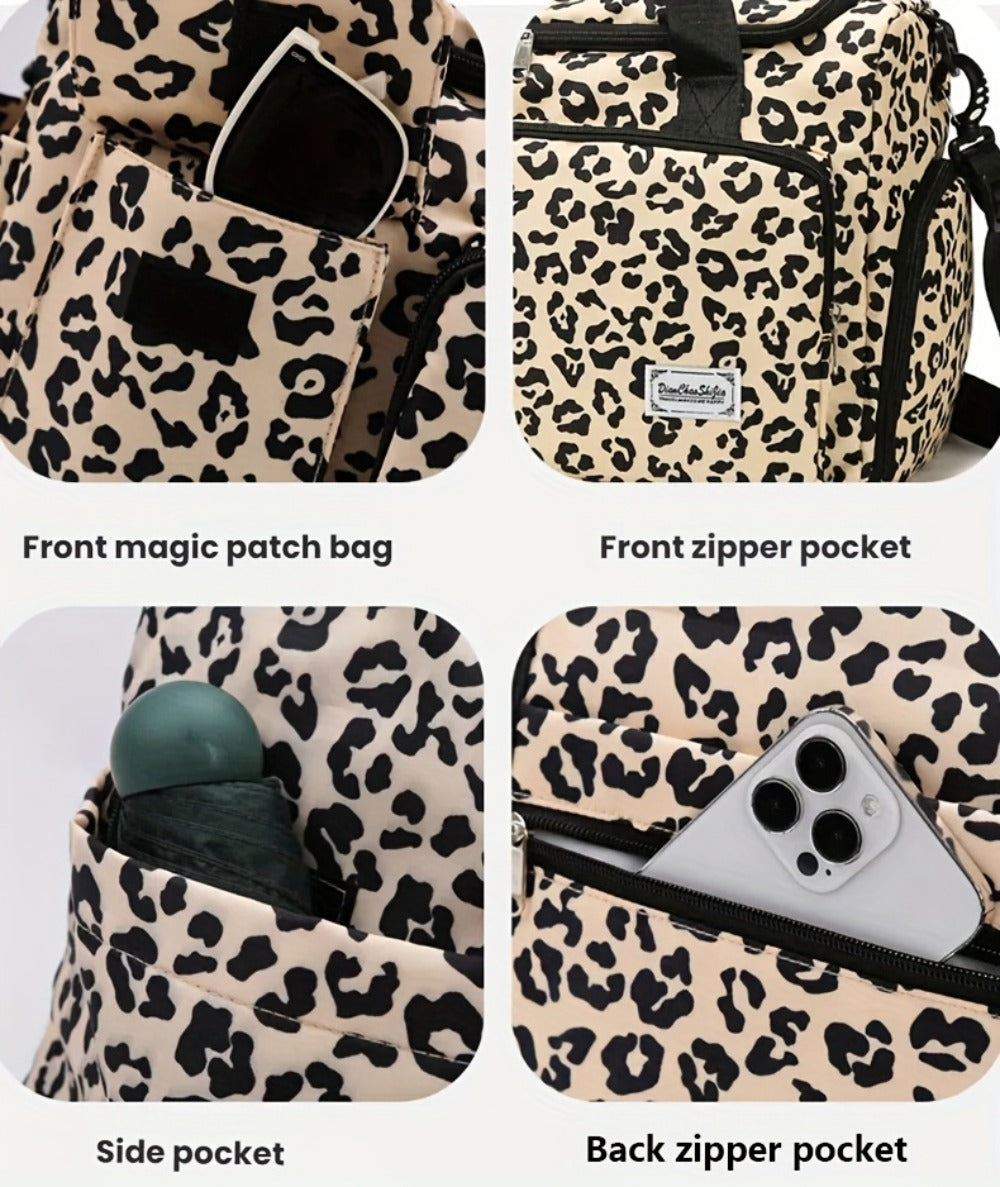 Large Size Large-Capacity Leopard Print Travel Duffel Bag with Multiple Compartments, Shoe Compartments And Spacious Overnight Carry-On Design-Durable Nylon Leisure Sports Fitness Bag, Suitable for Women, Gym, Travel, Weekend Travel, Fitness Bag