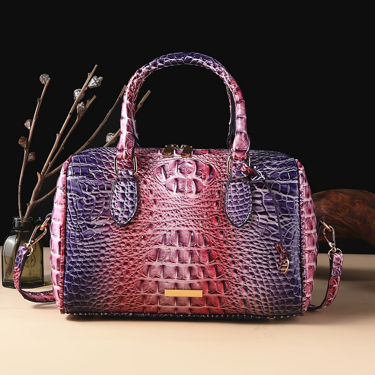 Gradient Crocodile Embossed Boston Bag for Women, Vintage Glossy Synthetic Leather Barrel Handbag with Detachable Crossbody Strap, Luxury Top Handle Shoulder Purse, Large Capacity Daily Commute Handbags