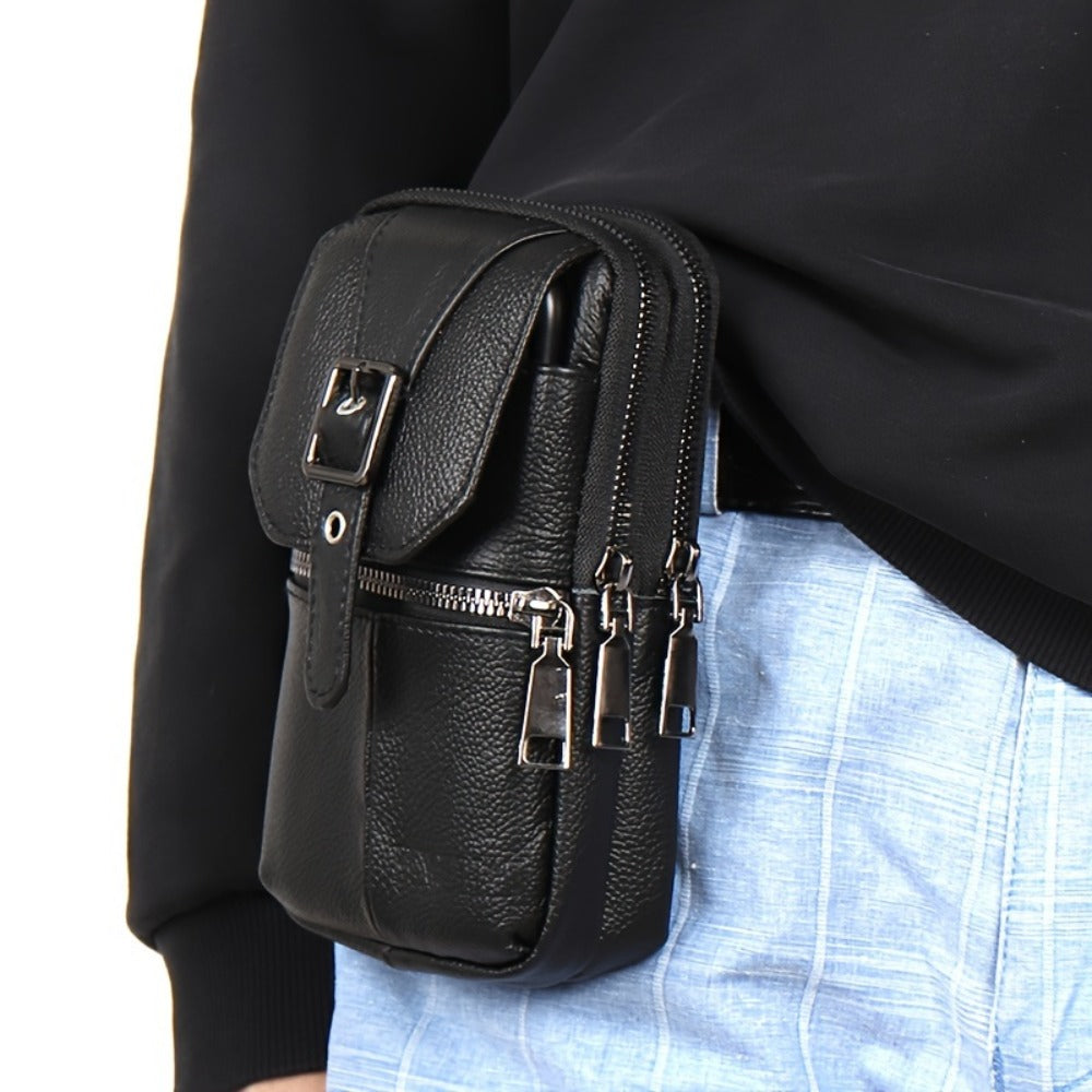 Genuine Leather Crossbody Bag Compatible for & Smartphones - / Belt Loop Messenger Waist Pack with Phone Pouch, Zipper Closure Handbag, Pure Genuine Leather Purse