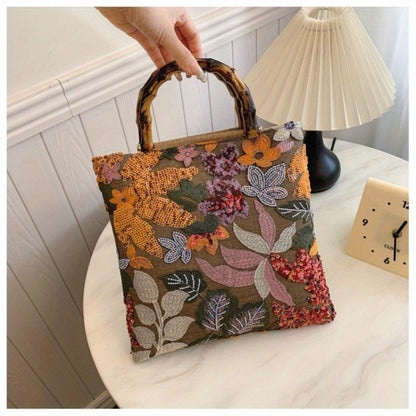 [Retro Bamboo Tote] Premium Retro Bamboo Tote Bag | Women's Hand Carry Heavy Industry Embroidery Color Sequins Tide Dinner Bag