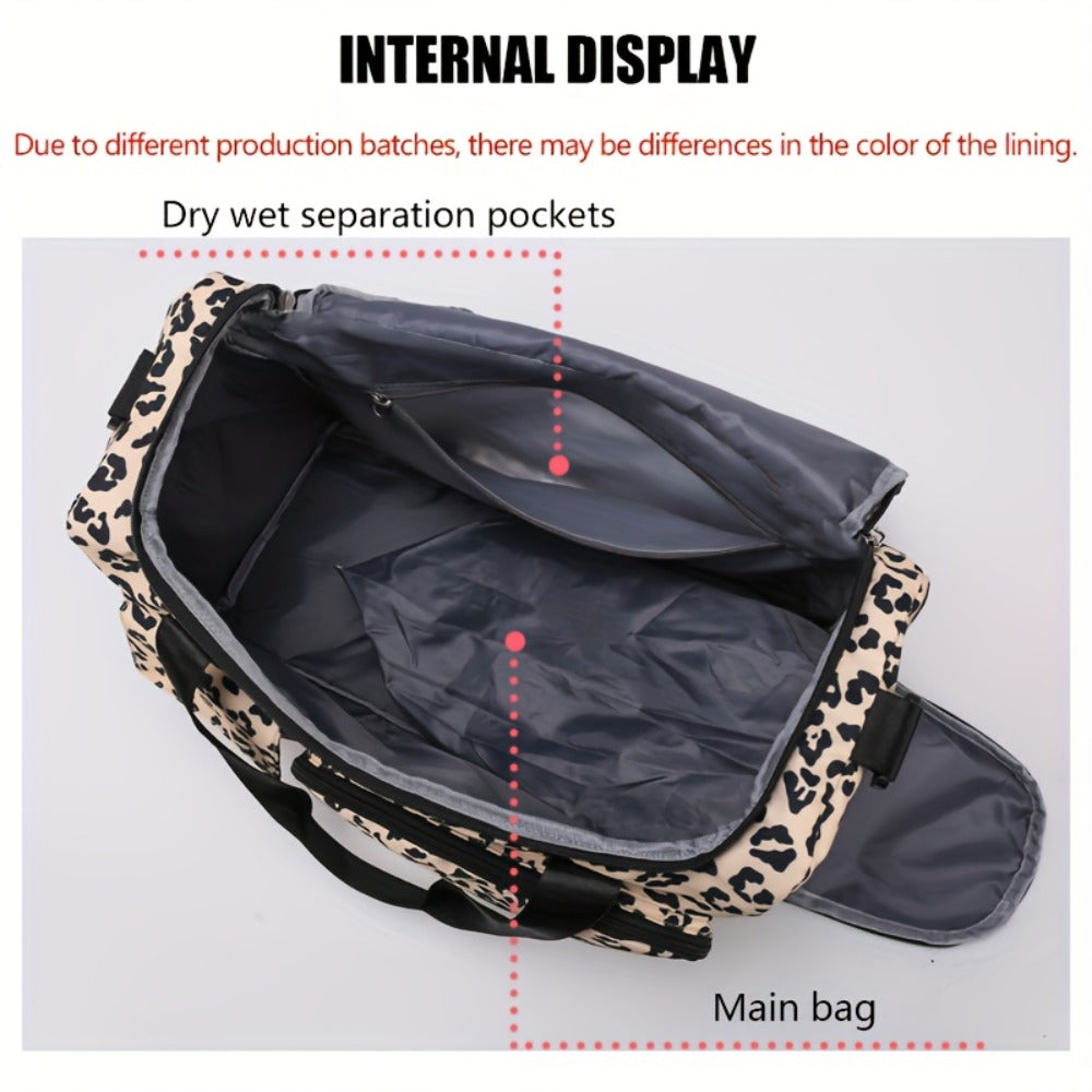 Large Size Large-Capacity Leopard Print Travel Duffel Bag with Multiple Compartments, Shoe Compartments And Spacious Overnight Carry-On Design-Durable Nylon Leisure Sports Fitness Bag, Suitable for Women, Gym, Travel, Weekend Travel, Fitness Bag