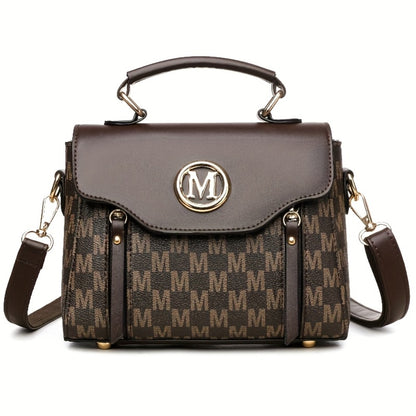 Vintage Geometric Women's Handbag - Large Capacity PU Shoulder Bag with Golden Hardware, Herringbone Pattern and "M" Letter Design, Removable Shoulder Strap for Daily Use (Light Brown/ White/ Black)