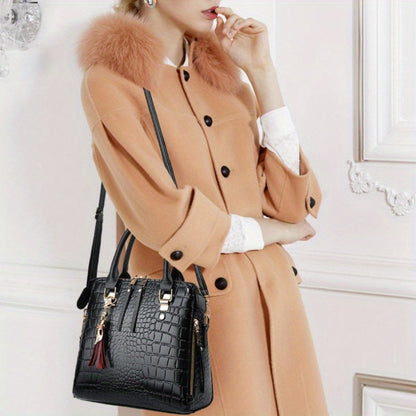 Fashion Crocodile Pattern Women's Handbag 2pcs Set, Women's Shoulder Bag with Tassel Decoration, Metal Cat Pendant Crossbody Bag