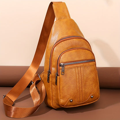 Men'S Chest Bag Sling Backpack Faux Leather Retro Crossbody Bag Shoulder Bag Unisex Soft Faux Leather