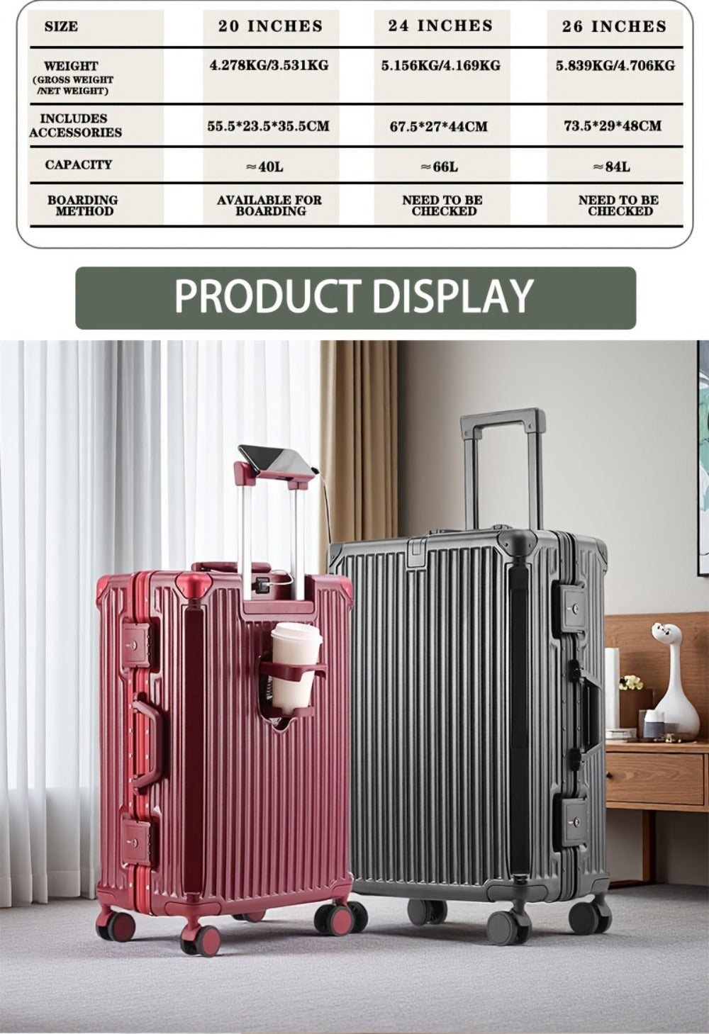 Spacious Premium Aluminum Frame Luggage: Large Capacity And External Cup Holder (Ideal for Travel And Business)