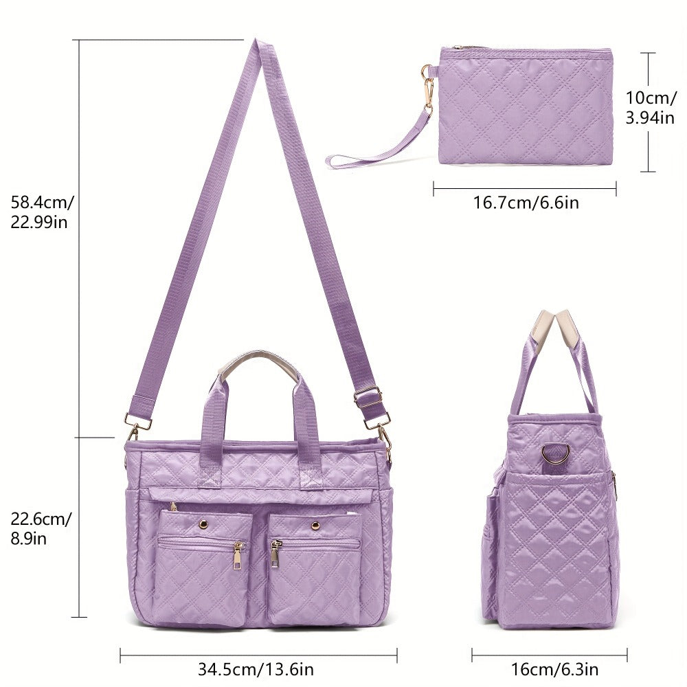 Set of 2 Quilted Nylon Tote Bags for Women, Roomy And Sturdy Laptop Carrier, Versatile Handbag for Work, Travel, Gym, And Daily Needs