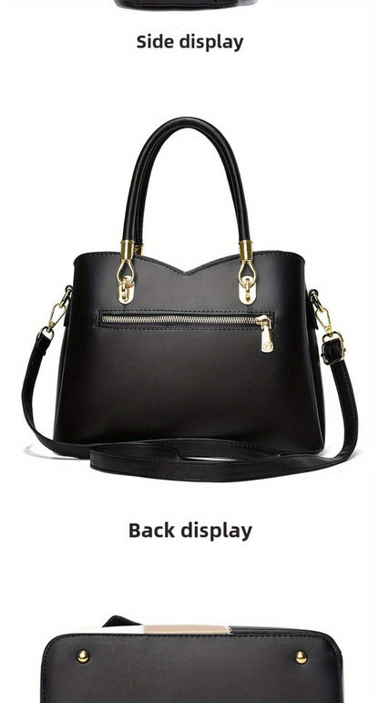 Colorblock Top-Handle Satchel Bag for Women - Faux Leather Purse with Zipper Closure, Large Capacity Shoulder Tote with Messenger Strap and Edge Paint Detail, Fashionable Handbag