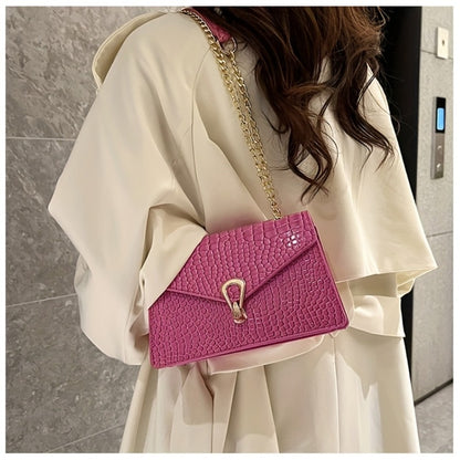 Pink Snake Print Crossbody BagFor Women, Stylish Women's Crocodile Pattern Handbag - Black Shoulder Bag With Detachable Strap Golden-Tone Hardware & Chain Strap, Crossbody Bag Purse Christmas Bags For Gifts Christmas Gift Bags