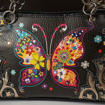 Butterfly Flower Western Hidden Spring Handbag, Country Tote Bag, Women's Shoulder Bag and Wallet Set, Ideal Christmas Gift