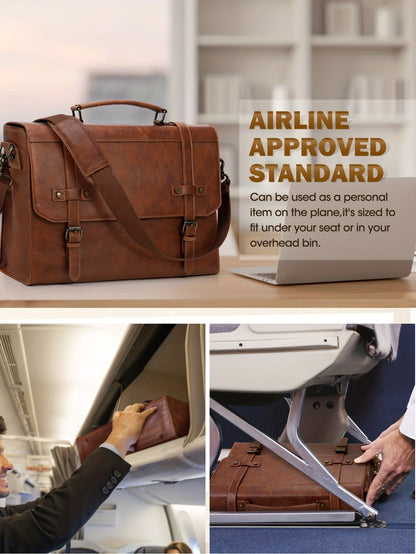 RAINSMORE Men's Crossbody Bag 17 Inch Retro Laptop Briefcase Large Laptop Bag Handbag Computer Shoulder Bag Office Business Travel College, Brown
