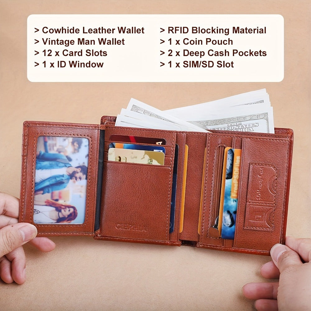 CIEPHIA Vintage Genuine Leather Wallet with RFID Protection, 12 Card Slots, ID Window, Zippered Coin Pocket Perfect Gift for Valentine's Day, Father's Day, Thanksgiving, Everyday Wallet | Vintage Leather Wallet | Secure Zipper Closure