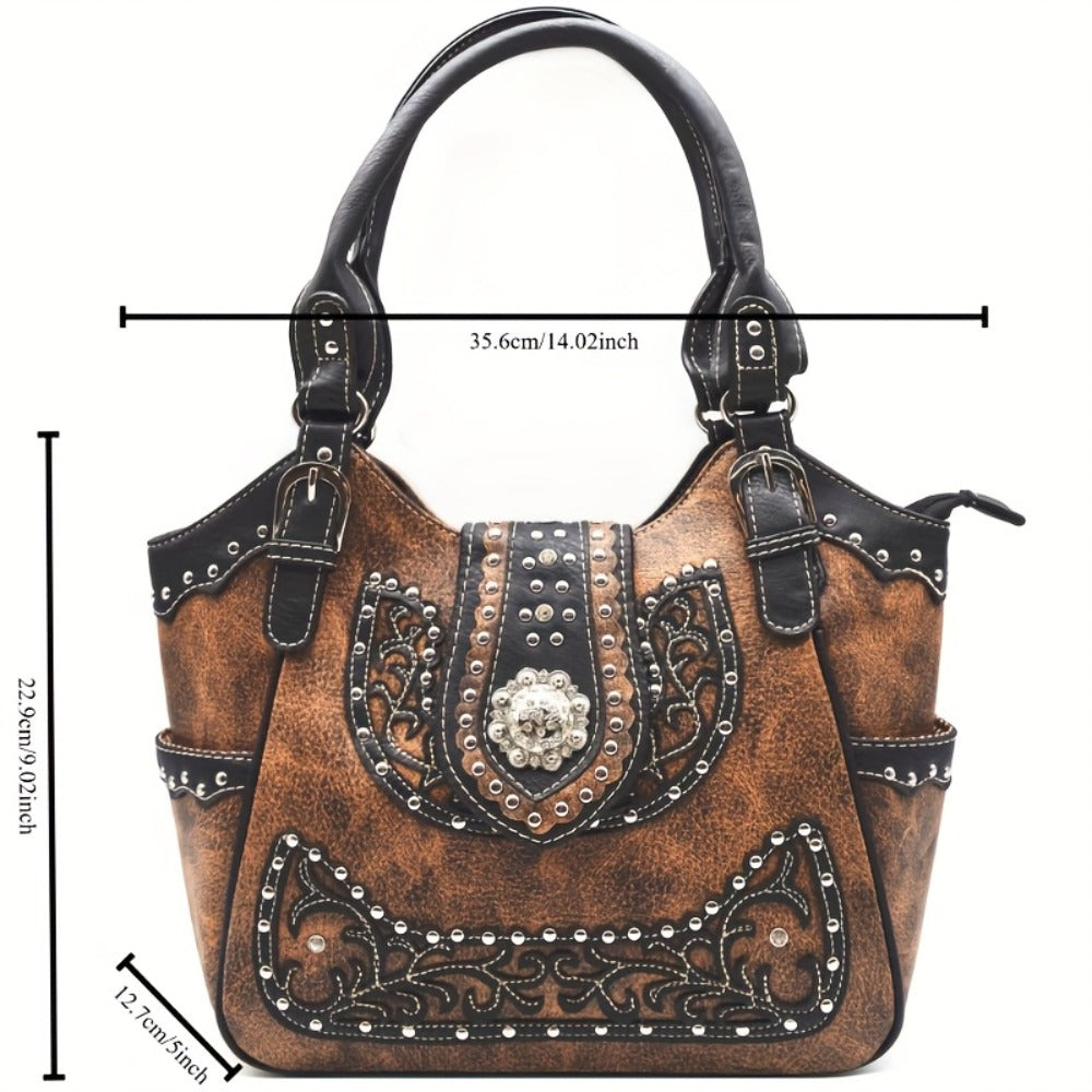 Women' Western Cowgirl Rhinestone & Concho Studded Handbag and Wallet Set - Brown Purse with Zipper Closure, Suitable for Country, Ranch, Daily Use, Gift for Horse /Equestrian Events