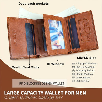 Men'S Leather Tri-Fold Wallet, Premium Cowhide Vintage Wallet, Wallet with Multiple Card Slots