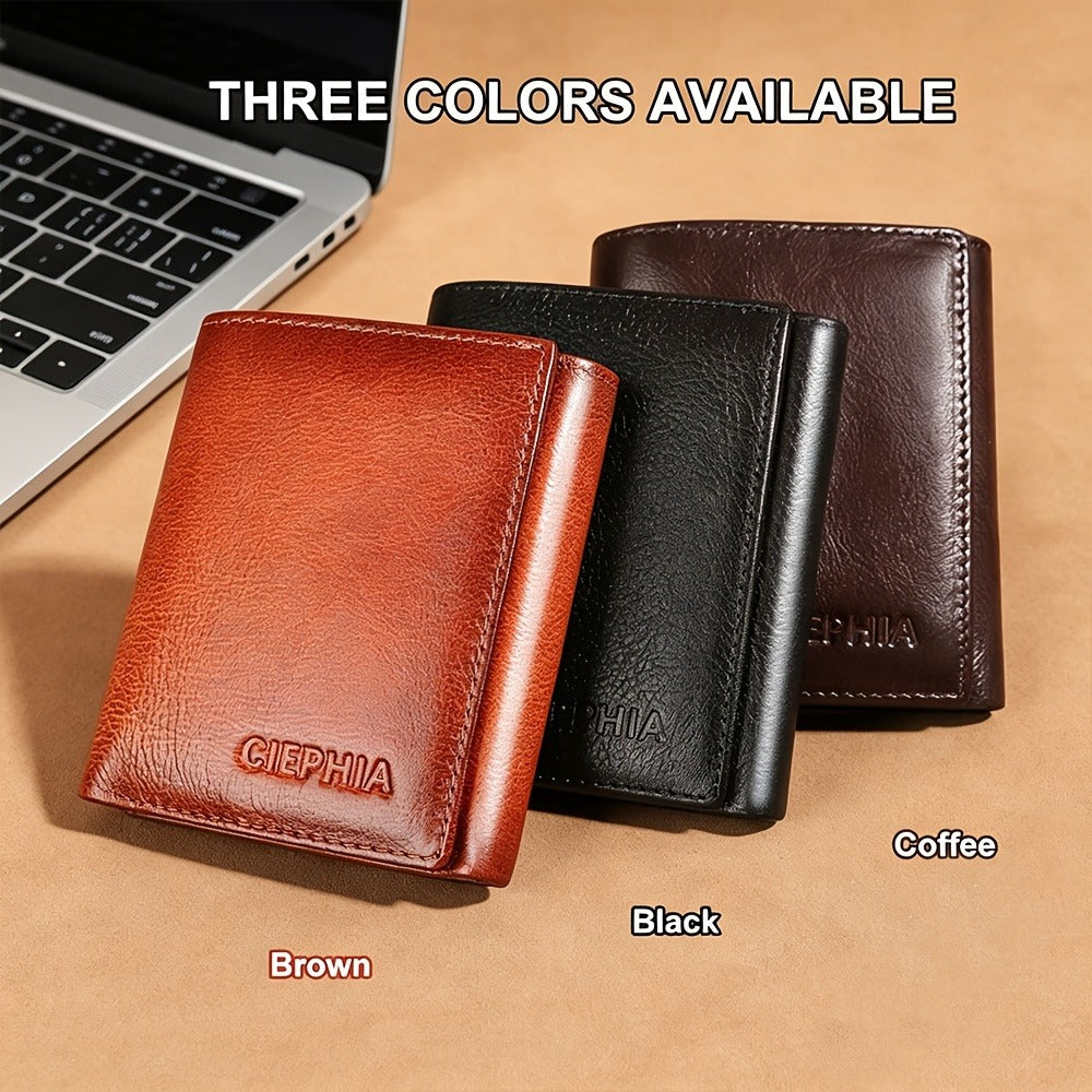 Men's Top-Grain Cowhide Wallet with 3 ID Windows Display, RFID Blocking Protection Vintage Wallets for Man Multi Functional Credit Card Holder Money Clips Perfect Holiday Gift for Him