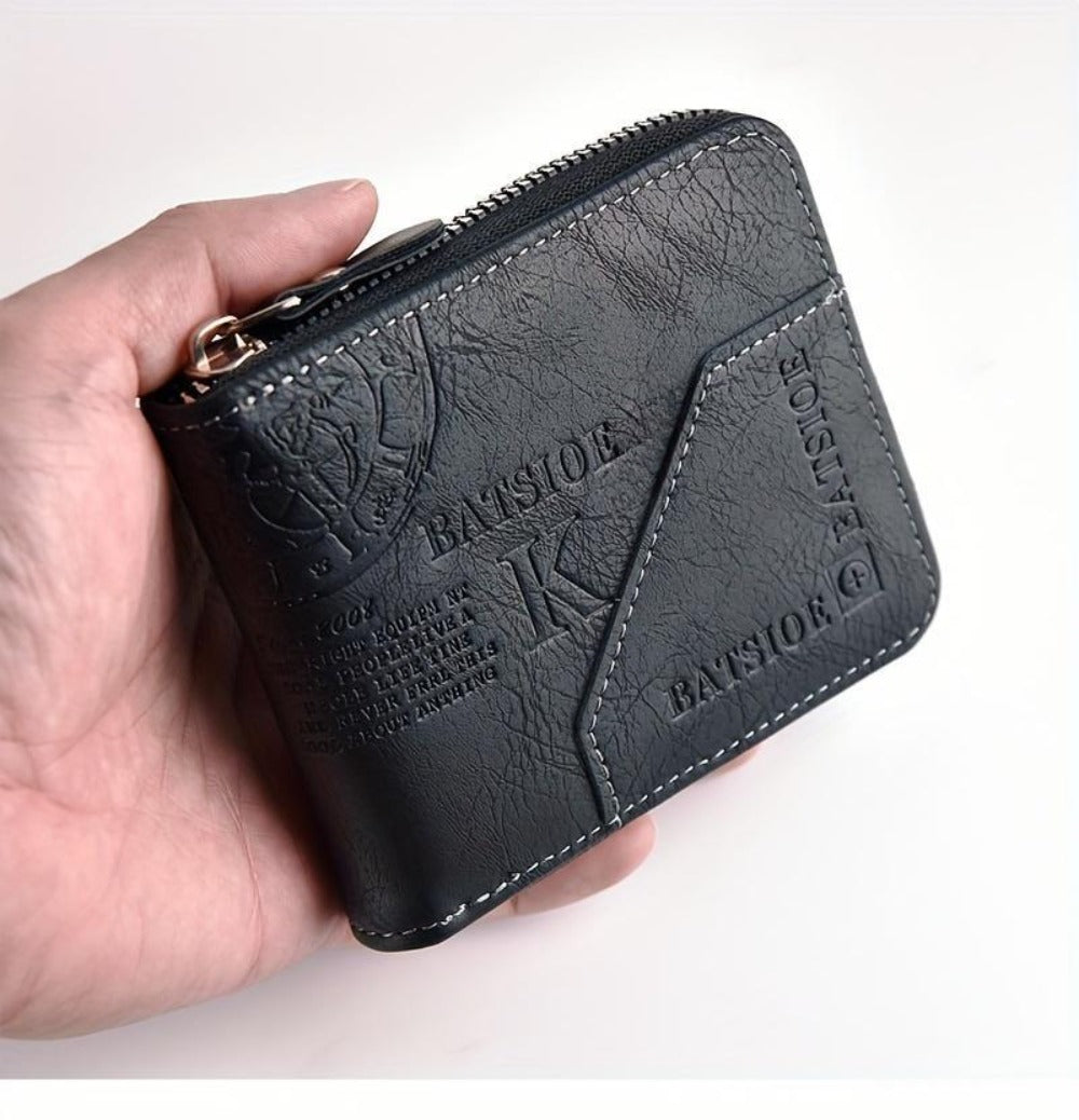 1pc Faux Leather Wallet for Men - Premium Retro Letter Embossed Design, Multiple Credit Card Slots, Zipper Closure, Stylish Gift for Gentlemen