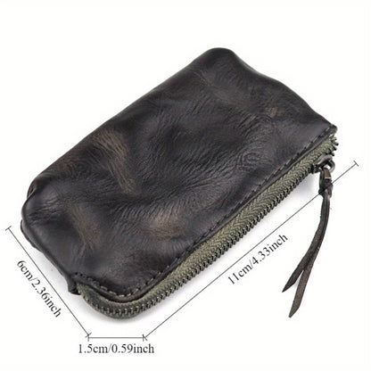 Vintage Style Genuine Top-Grain Leather Coin Purse, Hand-Painted Mini Pouch with Zipper - 1pc