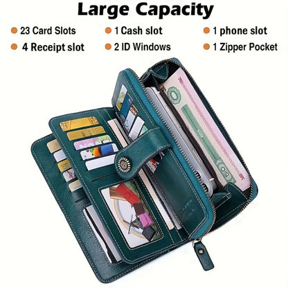 1 Pc RFID Blocking Retro Large Capacity Long Wallet PU Solid Color Women's Purse Multi-Functional Zipper Wallet with Wrist Strap Passport Ticket Credit Card Holder Can Accommodate Large Screen Phone