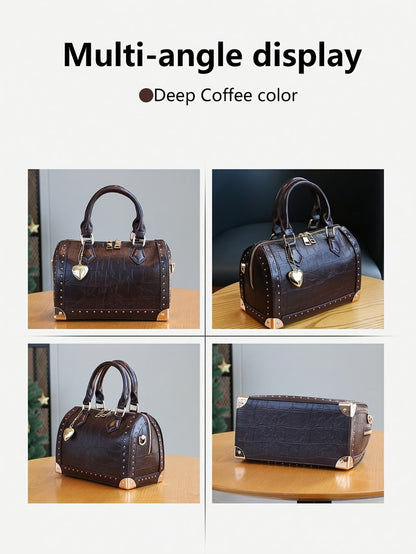 2026 New Stylish High-End Women'S Tote Bag, Large Capacity Boston Pillow Bag, Vintage Studded Box Bag, Trendy Street Style Versatile Handbag, Box Bag
