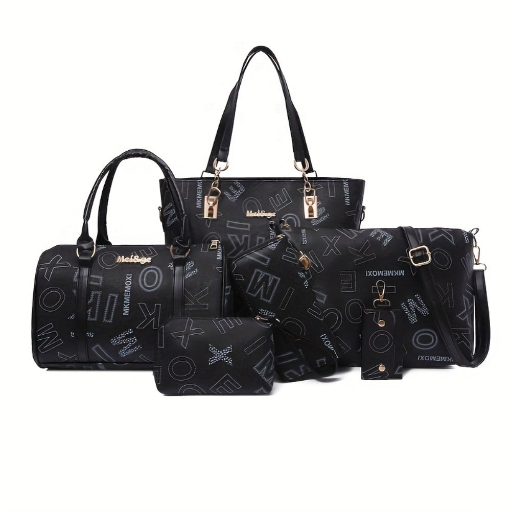 6pcs/Set Women'S Fashion Retro Letter Print Shoulder Bag, Handbag, Wallet, Key Bag, Six-Piece Set, Commuting, Casual, Shopping, Tote Bag, Women'S Bag Set
