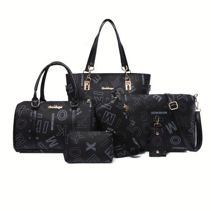 6pcs/Set Women'S Fashion Retro Letter Print Shoulder Bag, Handbag, Wallet, Key Bag, Six-Piece Set, Commuting, Casual, Shopping, Tote Bag, Women'S Bag Set