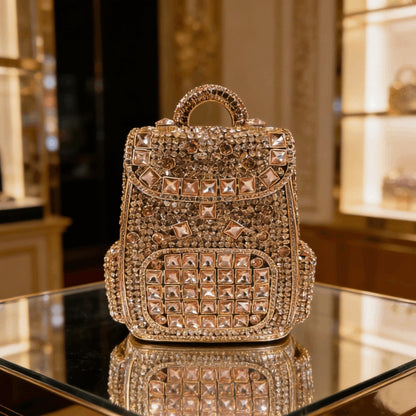 Women Trendy Backpack Shaped Crystal Evening Bag Sparkling Rhinestone Clutch Purse Unique Handbag for Cocktail Party