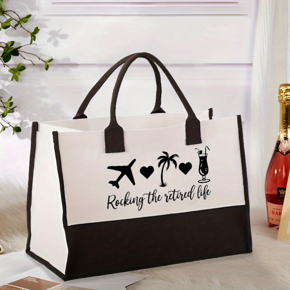 1pc "Rocking the Retired Life" Tote Bag - Large Capacity, Black & White, Ideal for Grandparents, Retirees, and Daily Commute, Hand Washable, Everyday Tote Bag|Playful Design|Durable Handle, Retirement Gifts