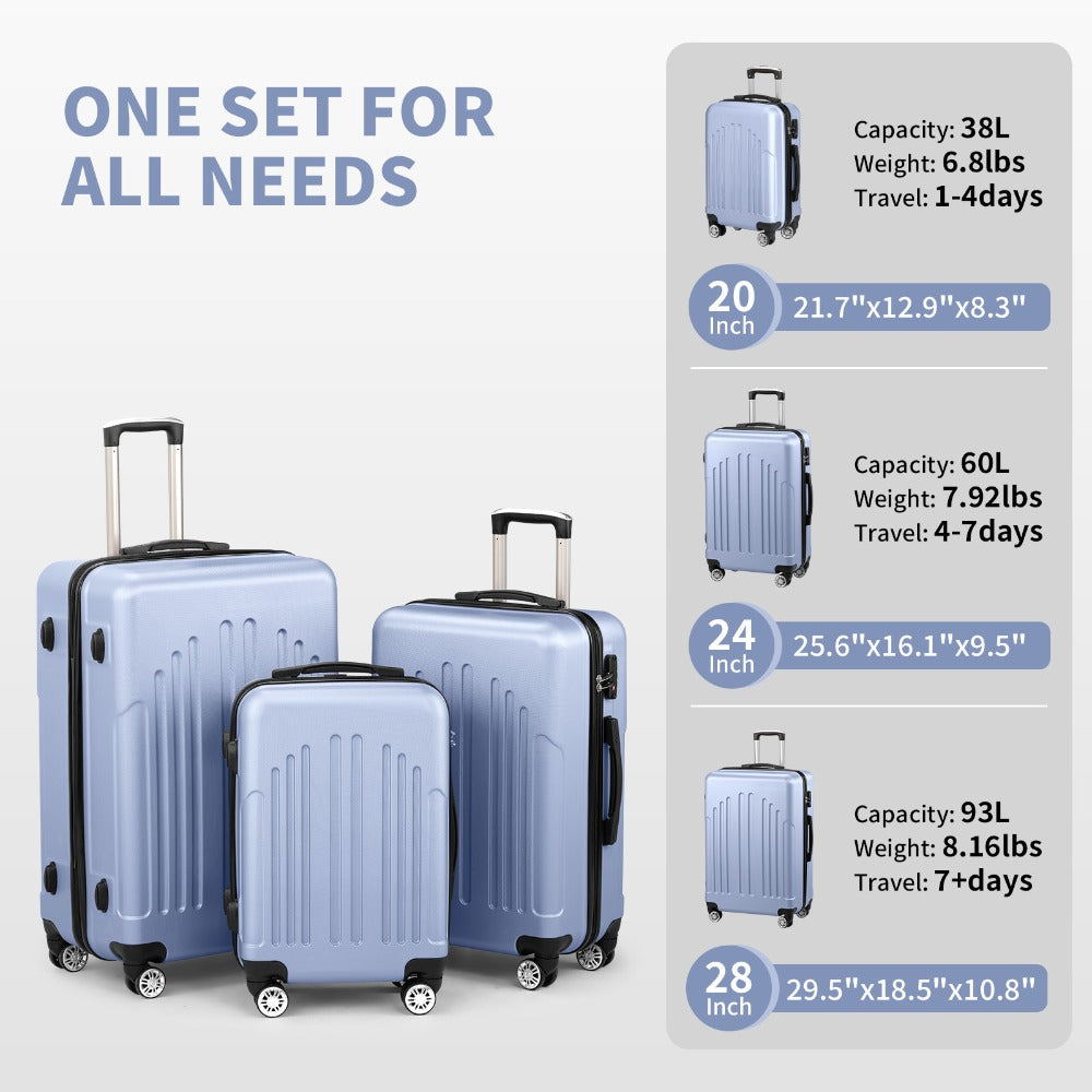 3pcs Hard Luggage Set with Combination Lock And 360° Spinner Wheels - Lightweight Carry-On Check-In Suitcases (20"/24"/28"), Durable PP And Iron-Aluminum Frame, Zipper Closure for Business Travel, Airplane, Train
