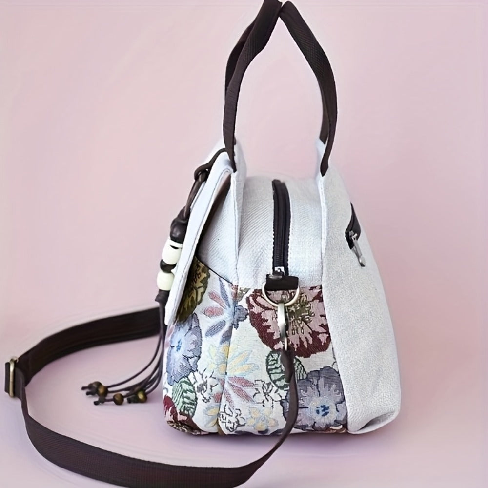 Bohemian Floral Crossbody, Multi-Compartment Handbag with Beaded Accents, Zipper Closure And, Casual Vacation Everyday Purse, Travel Accessory, Ethnic Pattern, Stylish Accents, Women'S Accessory, Stylish Shoppers
