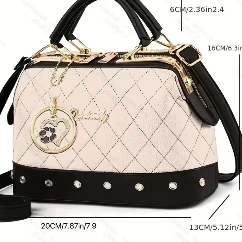 Black Quilted Boston Bag with Golden Hardware and Adjustable Strap- Elegant Heart-Shaped Rhinestone Accessories, Pattern Design, and Fashionable Rivet Details