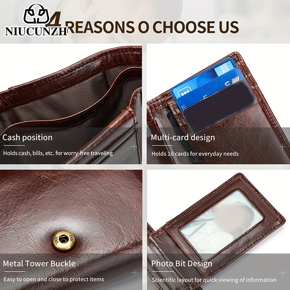 [Leather Tri-fold Wallet] Valentine's Day Gift, Genuine Leather Tri-fold Wallet - Anti-theft Brush Shield, Coin Pocket for Men